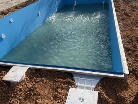 Πισίνα με γαλάζιο liner στο πρώτο γέμισμα, με skimmer στο τοίχωμα